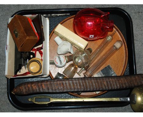 A tray lot including mother of pearl opera glasses, oak circular tray, money bank, seed case etc Condition Report: Available 