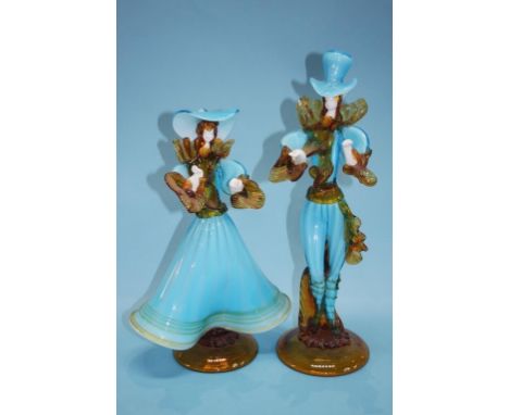 A pair of turquoise and amber Murano glass figurines