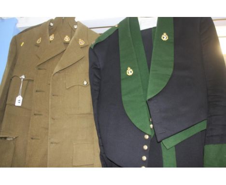 Two Army Dental Corp jackets and trousers, two Dental Corp caps and a World War II Zuckerman helmet