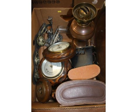 Three pairs of binoculars, oil lamp, three barometers etc.