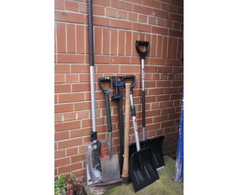 Work Mate, 2 sash clamps, pick axe, 2 shovels etc.