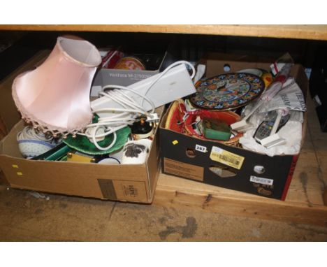 Shelf of assorted, china, sewing box, carriage clock etc.