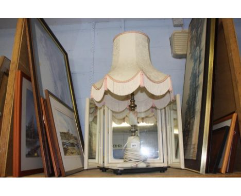 A large table lamp, assorted pictures and triple mirror