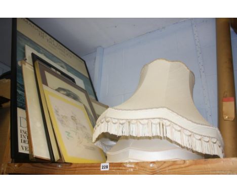Two lamp shades and a selection of prints