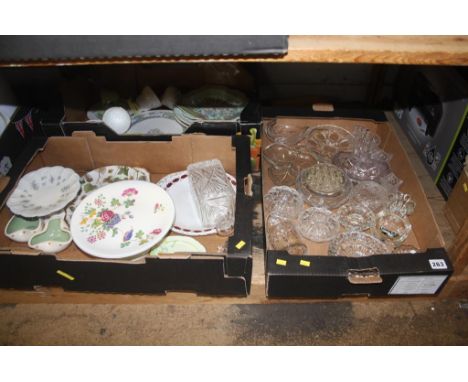 A shelf containing cut glass and china, Wedgwood, Hornsea, Royal Stafford, Royal Paragon etc.