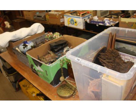 Four boxes to include a quilt, stereo, various animals and sculptures, Pelham puppet etc.