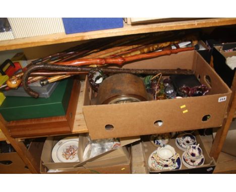 Walking sticks, mantel clock, cutlery, coloured glass etc.