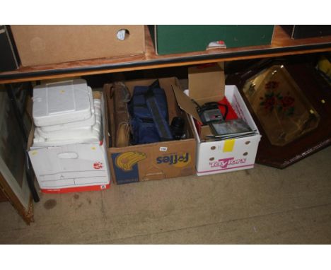 Tapestry fire screen, pictures, Limited Edition plates, box of camera equipment etc.