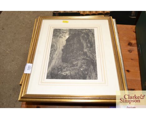 Five black and white prints after Samuel Palmer; a print of Canterbury and another 