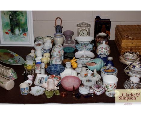 A collection of various decorative porcelain to include Wedgwood and other trinket boxes, posy vases, bon bon dishes etc. 