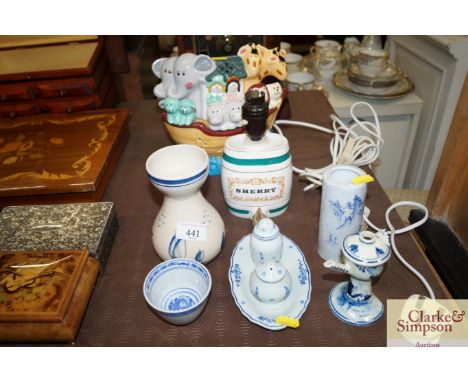 A table lamp in the form of Noah's Ark; and various other decorative china including a Delftware lamp