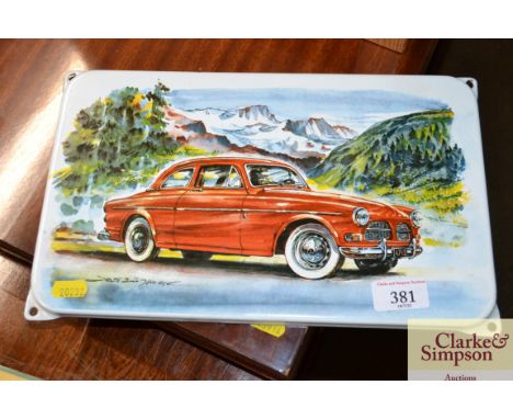 An enamel plaque depicting a Volvo Amazon motorcar