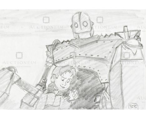 The Iron Giant (1999) - Richard Bazley (lead animator) - an original pencil on paper drawing portraying the characters Hogart