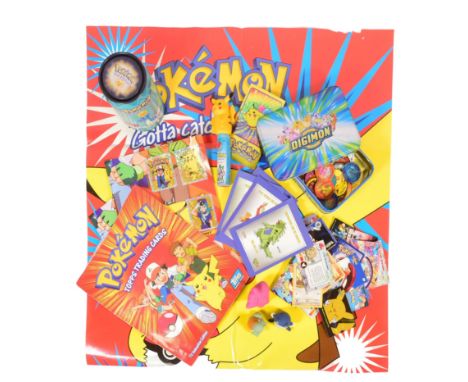 Pokemon - a collection of vintage 1990s Pokemon memorabilia to include Tazos, Topps Trading Cards, Postcards, Spin Pop Pikach