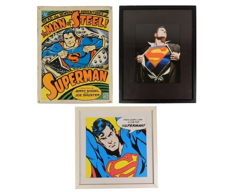 DC Comics - Superman - a collection of x3 items of Superman memorabilia, comprising: a framed pop-art style print, a framed p