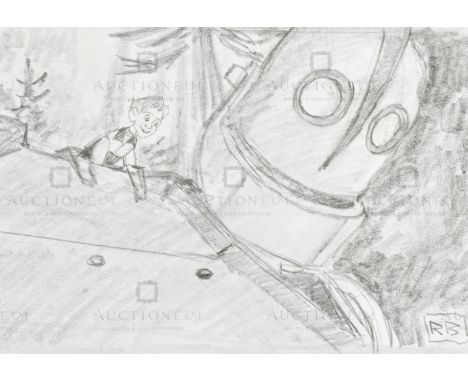 The Iron Giant (1999) - Richard Bazley (lead animator) - an original pencil on paper drawing portraying the characters Hogart