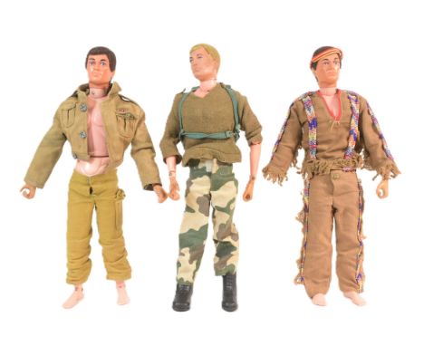 Action Man - x3 vintage Palitoy made Action Man figures. All flock haired examples, two with eagle eyes and one fixed. Each w