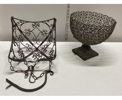 A vintage metal hanging basket and a metal planter, shipping unavailable 