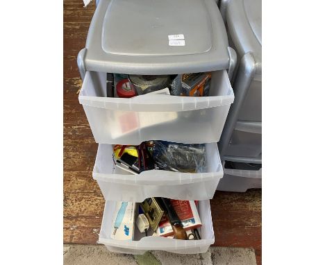 A three drawer storage unit and contents of assorted tools and accessories etc, shipping unavailable 