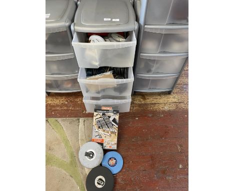 A three drawer storage unit and contents of assorted tools and accessories etc, shipping unavailable 