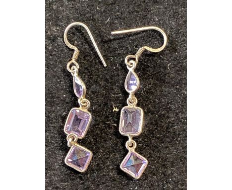 A pair of vintage silver and amethyst drop earrings 