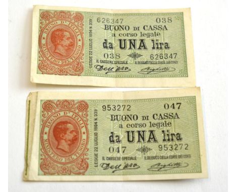 Italy, Treasury Buoni Di Cassa, 1 Lira (2), 1894 issue, portrait of King Umberto I at left, watermark waves, sign. Dell'Ara a