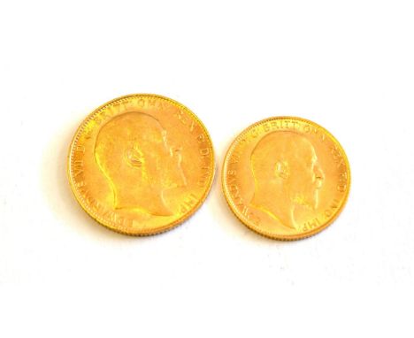 Edward VII (1901-1910), Sovereign, 1910, bare head, (S.3969); Half sovereign, 1910, bare head, BP in exergue, (S.3974B). Near