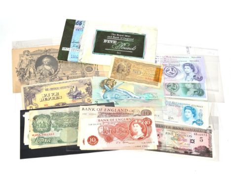 Isle of Man, £1 (5), Cashen, prefex 'Y', a consecutive group of 3 and another of 2; £1 (10), Dawson, 'plastic' type, no water
