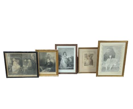 Five early 19th century engravings including portrait of George IV as Prince of Wales in gilt frame, another of Queen Charlot