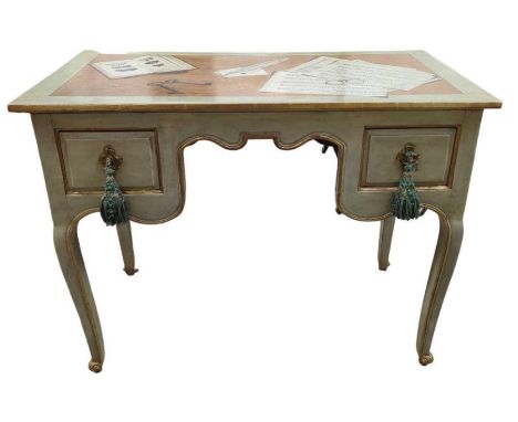 A 19th century oak side table fitted with two short drawers now with later painted decoration of trompe l’oeil musical manusc