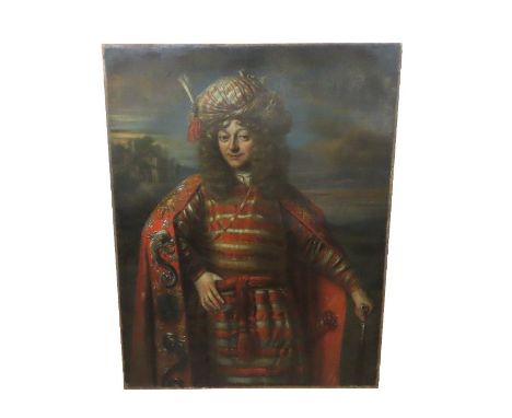 Circle of Jan Victors (1620-1676), portrait of a young gentleman wearing a turban and holding a cane, oil on canvas, 134cm x 