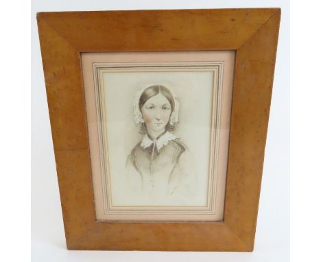 19th century English School – a watercolour portrait of a young woman in birds eye maple frame, 16.5cm x 12cm