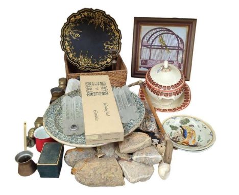 A quantity of assorted items including quipper plates,  malacca hunting crop, wood jigsaws, toleware tray, basket, tureen and