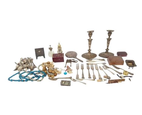 A collection of silver plated cutlery, costume jewellery, silver backed hand mirror, betel nut cracker, silver photograph fra