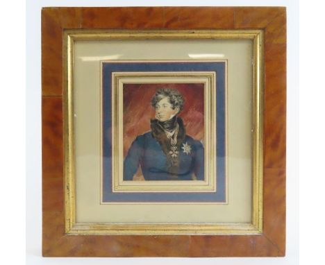 A small watercolour portrait of George IV in satinwood frame 10cm x 8cm 