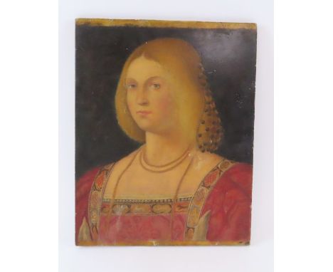 19th century Continental school – portrait of a young woman in 17th century costume with beaded snood to her blond hair, oil 