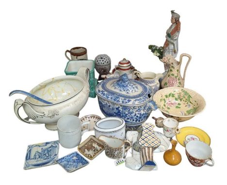 A quantity of assorted ceramics including large Staffordshire flatback of Highlander with bagpipes, large tureens, early jugs