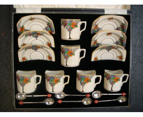 Cased set of 6 vintage Art Deco, coffee cups &amp; saucers by Flosmaron 