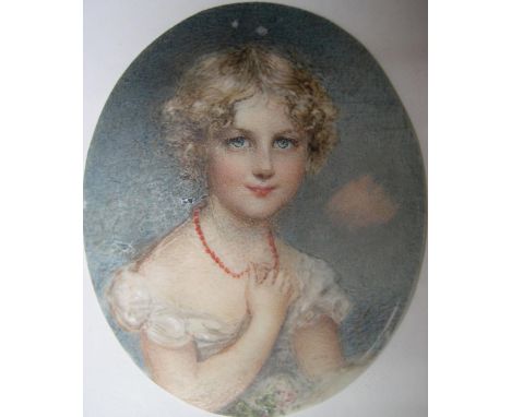 Superb quality watercolour miniature portrait of a young Georgian girl on ivory, unsigned in a 20thC ebonised wood frame and 