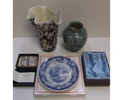 Collection of 5  misc items to include, boxed pair of wine glasses, Spode paperweight & plate, modern glass vase & a Pearsons