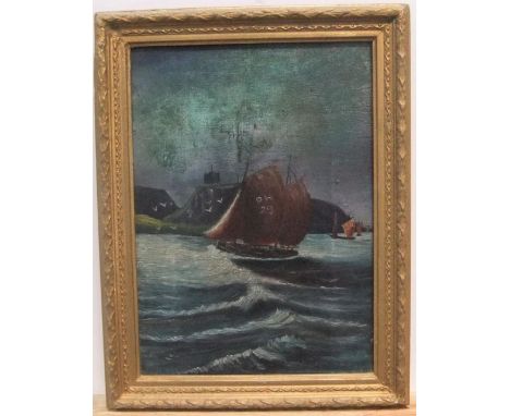Small, late Victorian seascape oil on canvas of fishing boats returning to port, signed R WAIN, framed18 x 25 cm 