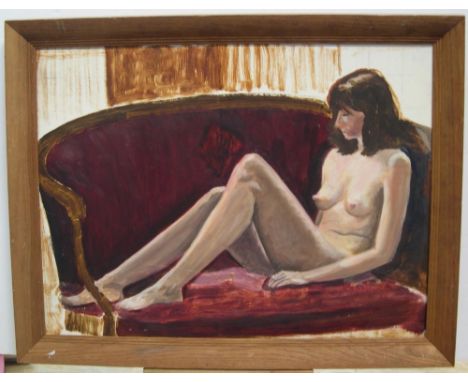 Unsigned oil on board, portrait of female nude on sofa, wood frame45 x 60 cm 