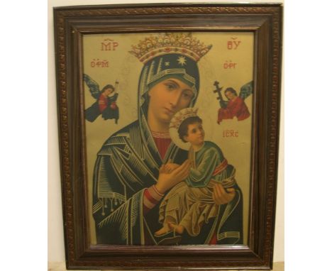 Old framed religious print depicting the Virgin Mary and baby Jesus and another large religious print after the Italian old m