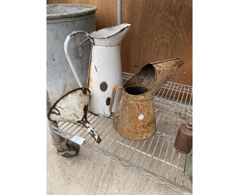 TWO ENAMEL JUGS AND AN ENAMEL FUNNEL 