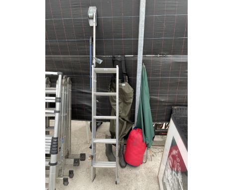 A THREE SECTION ALLUMINIUM LOFT LADDER WITH LOFT ATTATCHMENT AND HAND RAIL 