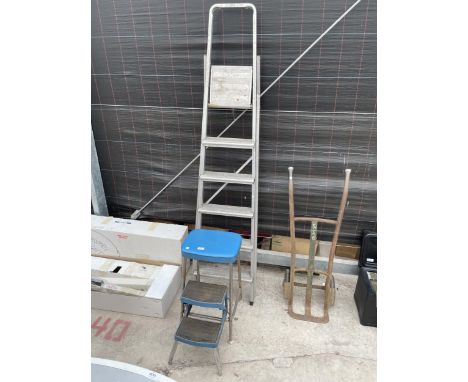 A RETRO TWO STEP KITCHEN STEP/SEAT AND A FIVE RUNG ALLUMINIUM STEP LADDER 