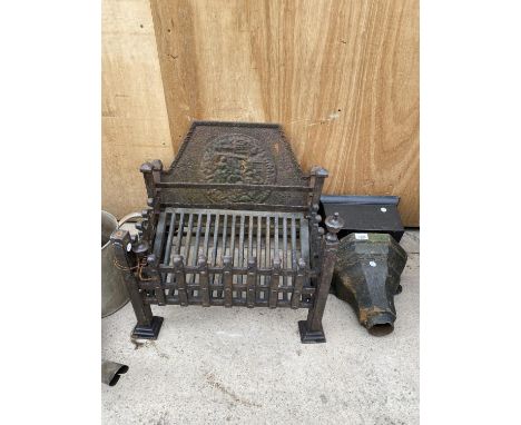 TWO VINTAGE CAST IRON GUTTER HOPPERS AND A CAST IRON FIRE GRATE 