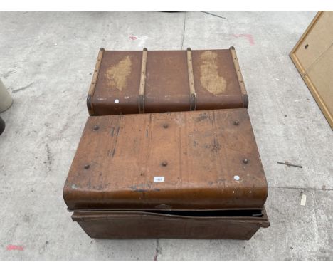A VINTAGE METAL STORAGE TRUNK AND A FURTHER VINTAGE TRAVEL CASE WITH WOODEN BANDING 