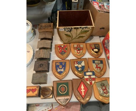 VARIOUS WOODEN ITEMS TO INCLUDE SHEILDS, MUSIC BOXES, PLANTER ETC 