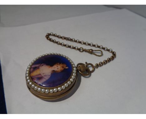 A DECORATIVE POCKET WATCH WITH AN ENAMEL AND PEARL DOUBLE SIDED CASE 